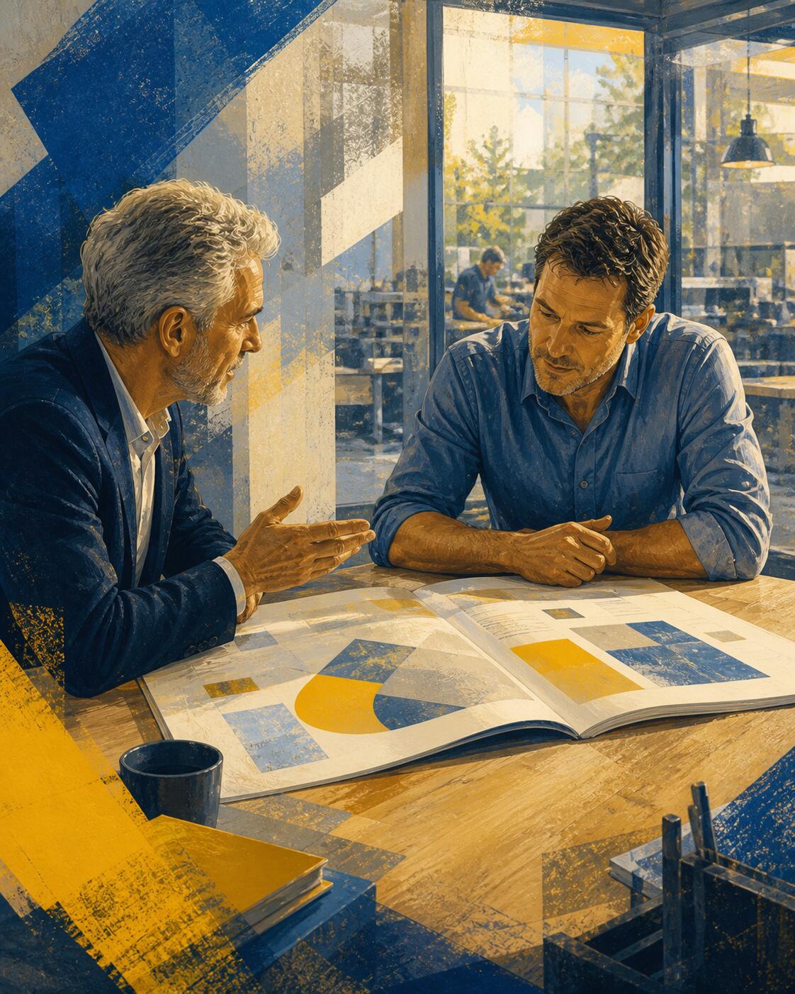 Illustratie van twee ondernemers die samen een rapport bespreken