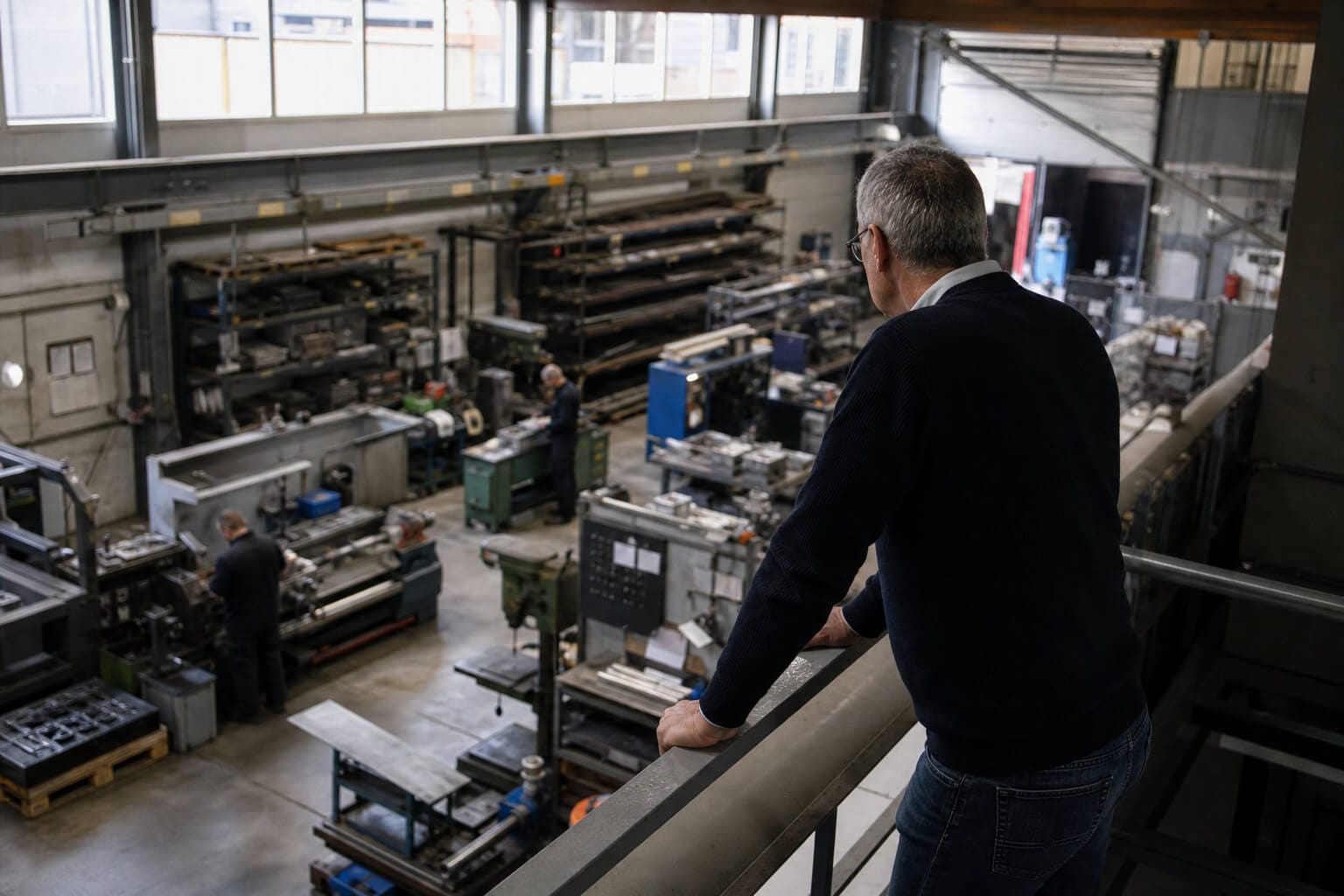 Ondernemer overziet de werkvloer van zijn productiebedrijf