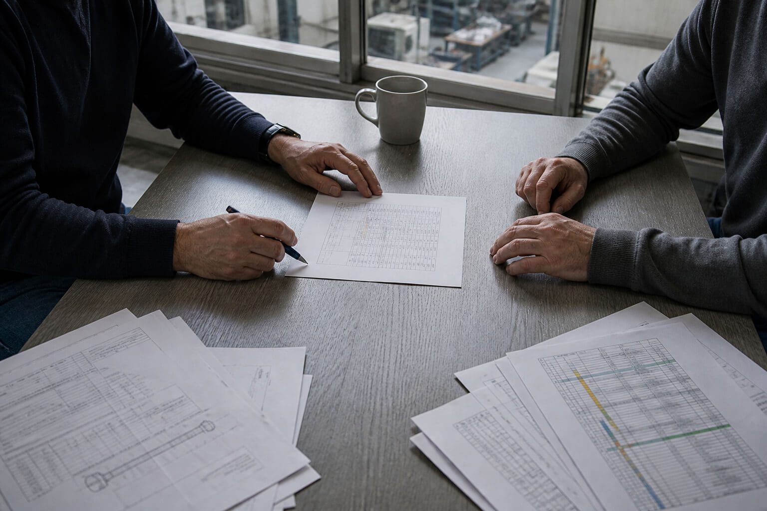 Twee mensen werken aan tafel een plan uit op papier