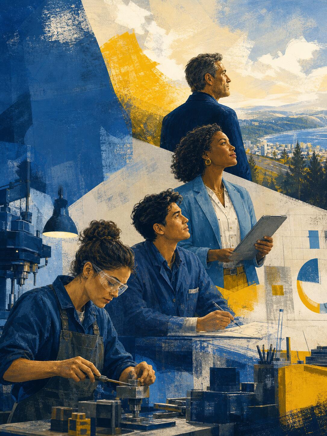 Illustratie van een ondernemer met zijn team aan het werk