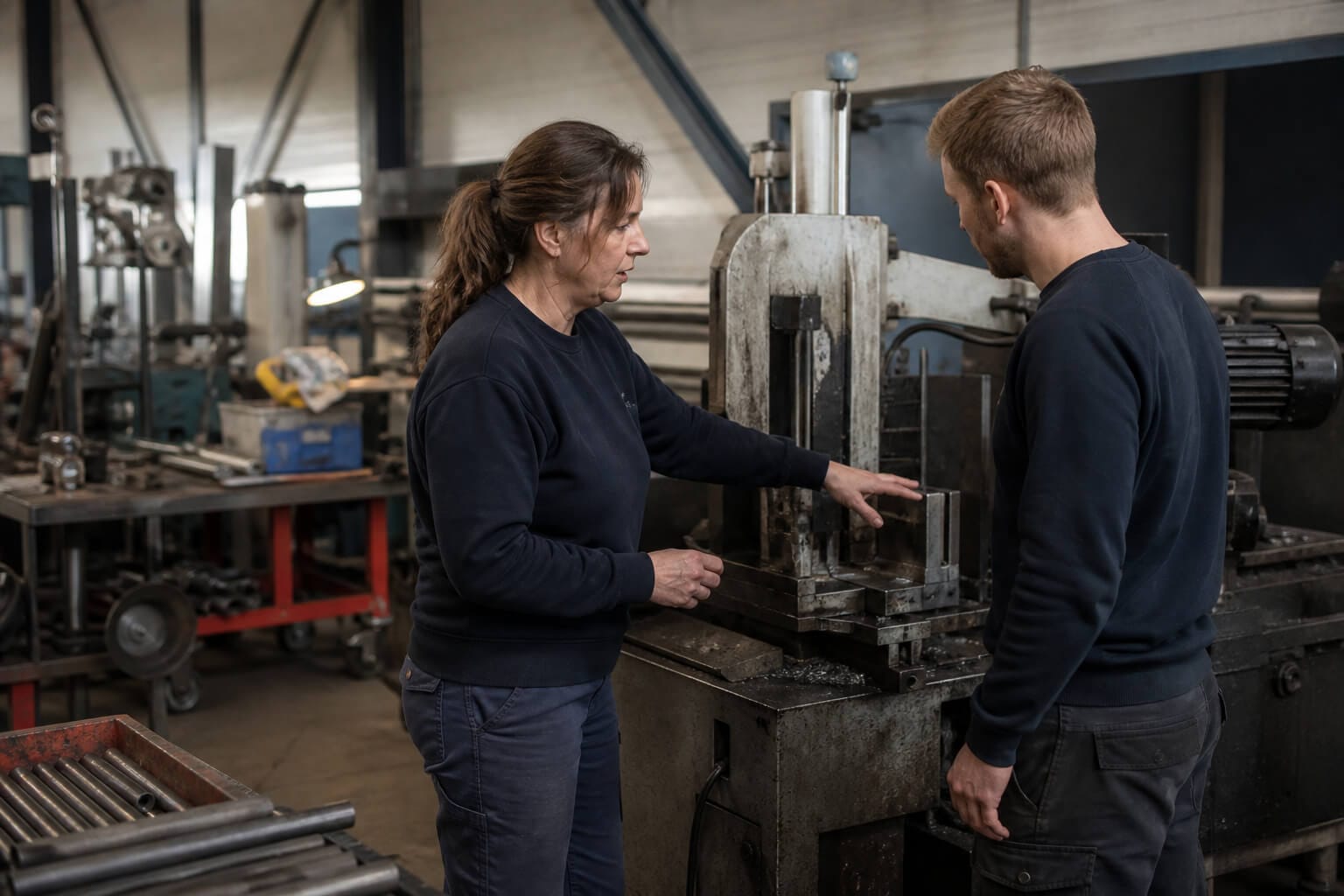 Twee medewerkers overleggen bij een machine in de werkplaats